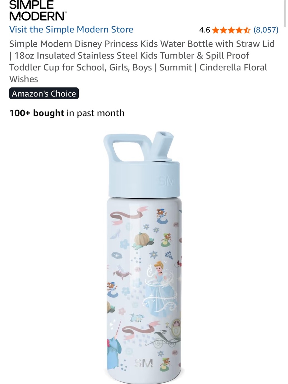 Simple Modern 18oz Disney Stainless Steel Water Bottle Cinderella Print- NEW